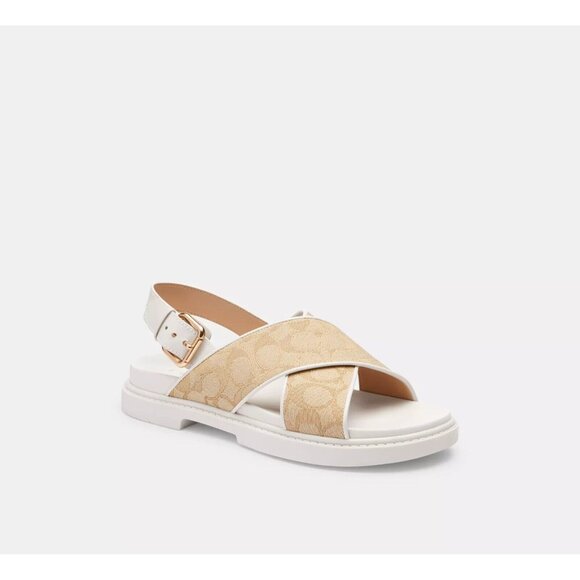 Coach Women's Fraser Jacquard Sandals Light Khaki Chalk White Strappy Size 10B - Picture 1 of 5